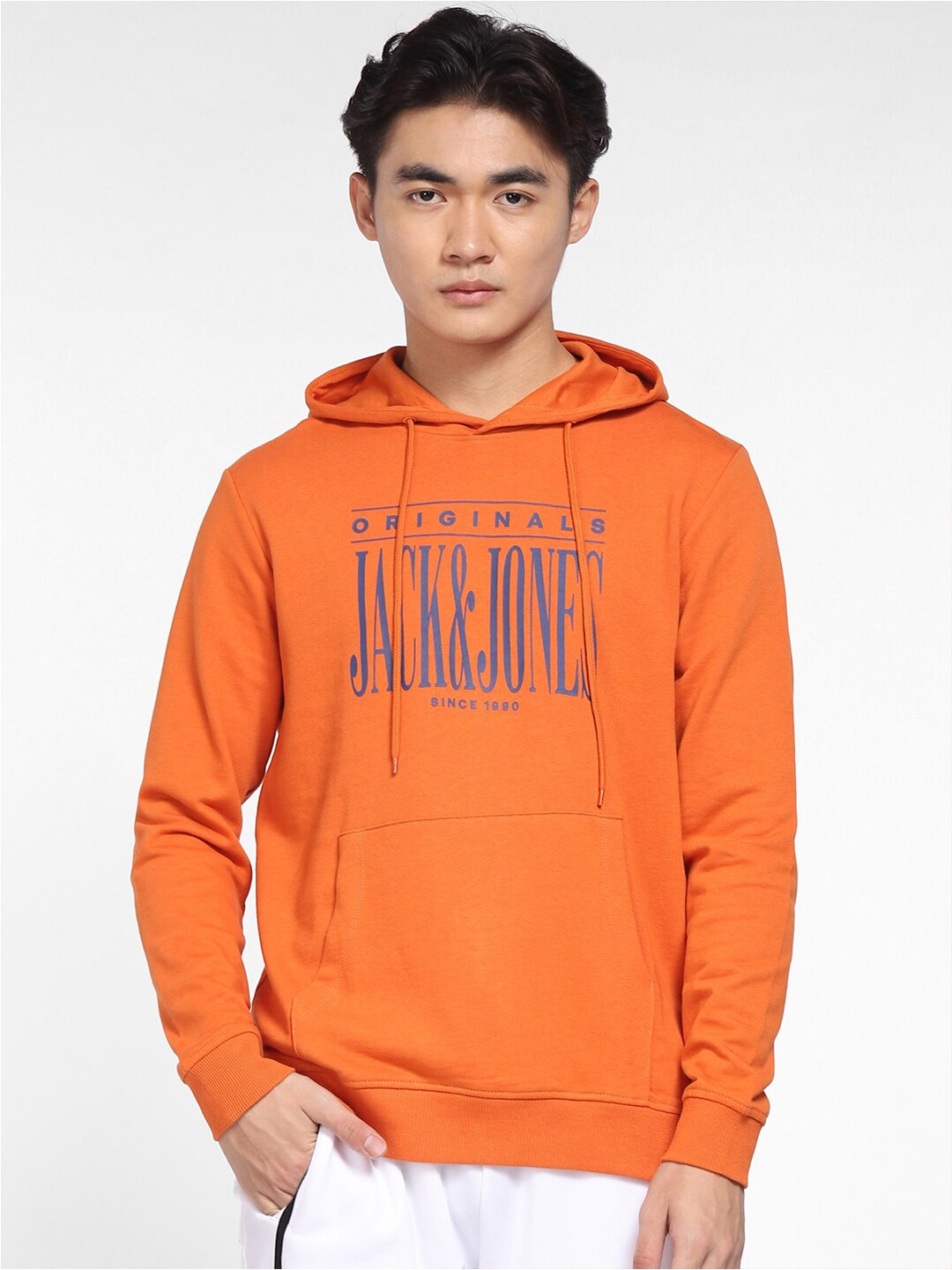 

Jack & Jones Men Orange Printed Cotton Hooded Sweatshirt