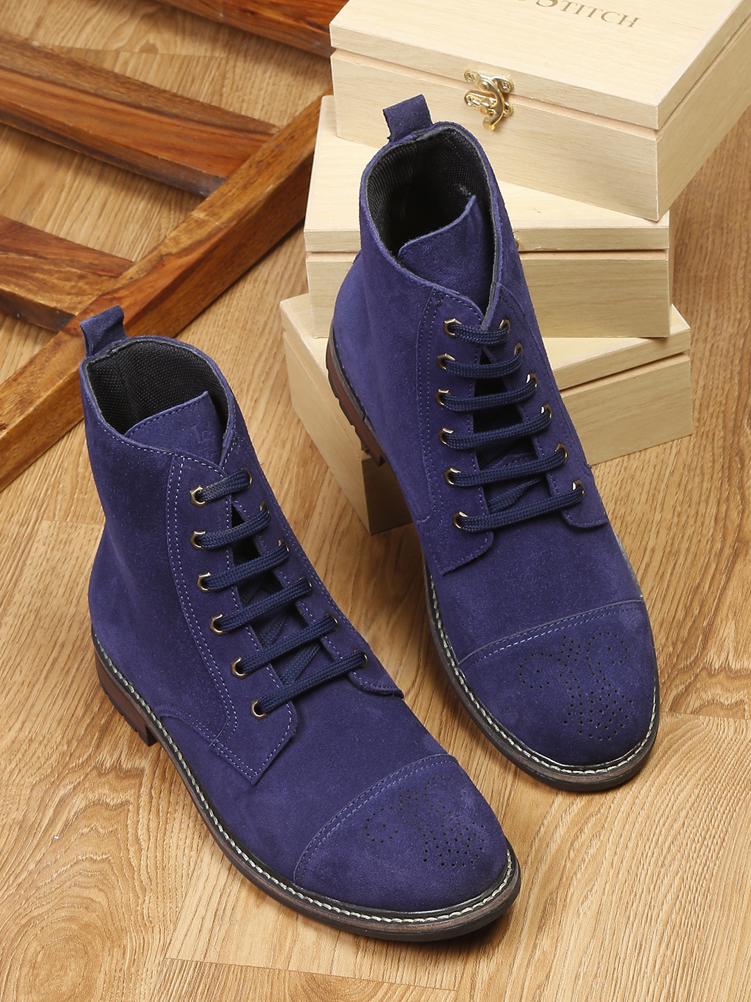 

LOUIS STITCH Men Blue Suede High-Top Sneakers