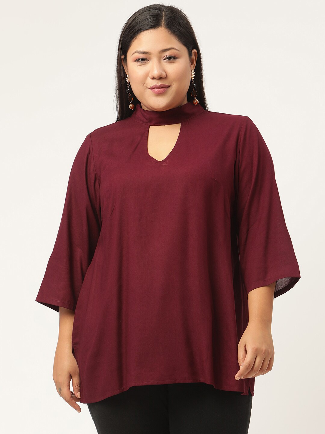 

theRebelinme Women Plus Size Burgundy Solid Keyhole Neck Top