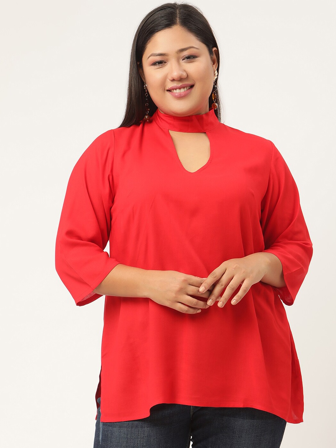 

theRebelinme Plus Women Red Keyhole Neck Top