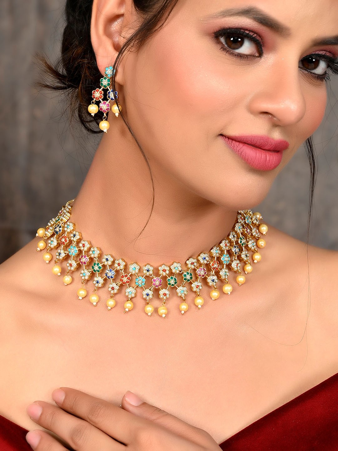 

Silvermerc Designs Gold-Plated American Diamond Studded & Beaded Jewellery Set