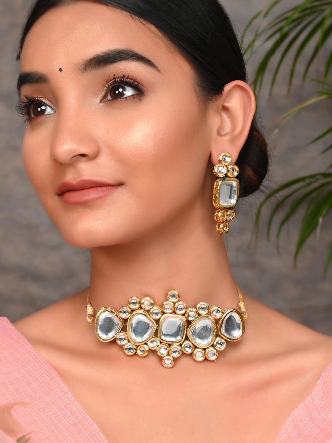 

Silvermerc Designs Gold-Plated & White Kundan-Studded Jewellery Set
