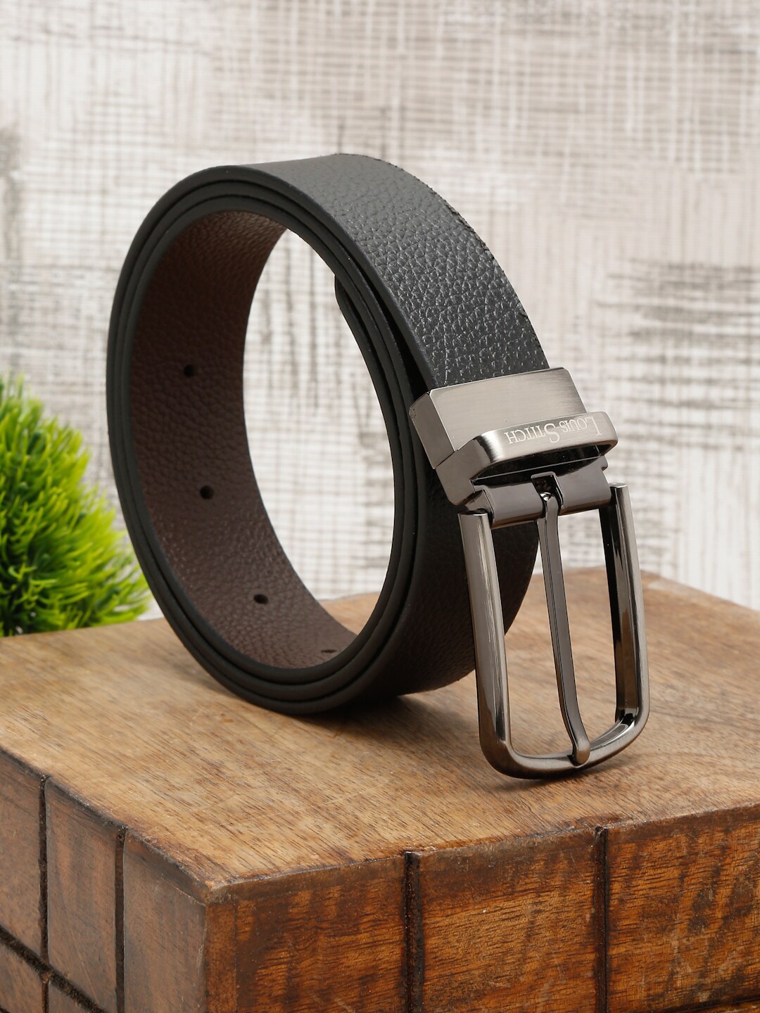 

LOUIS STITCH Men Italian Leather Textured Reversible Belt, Black