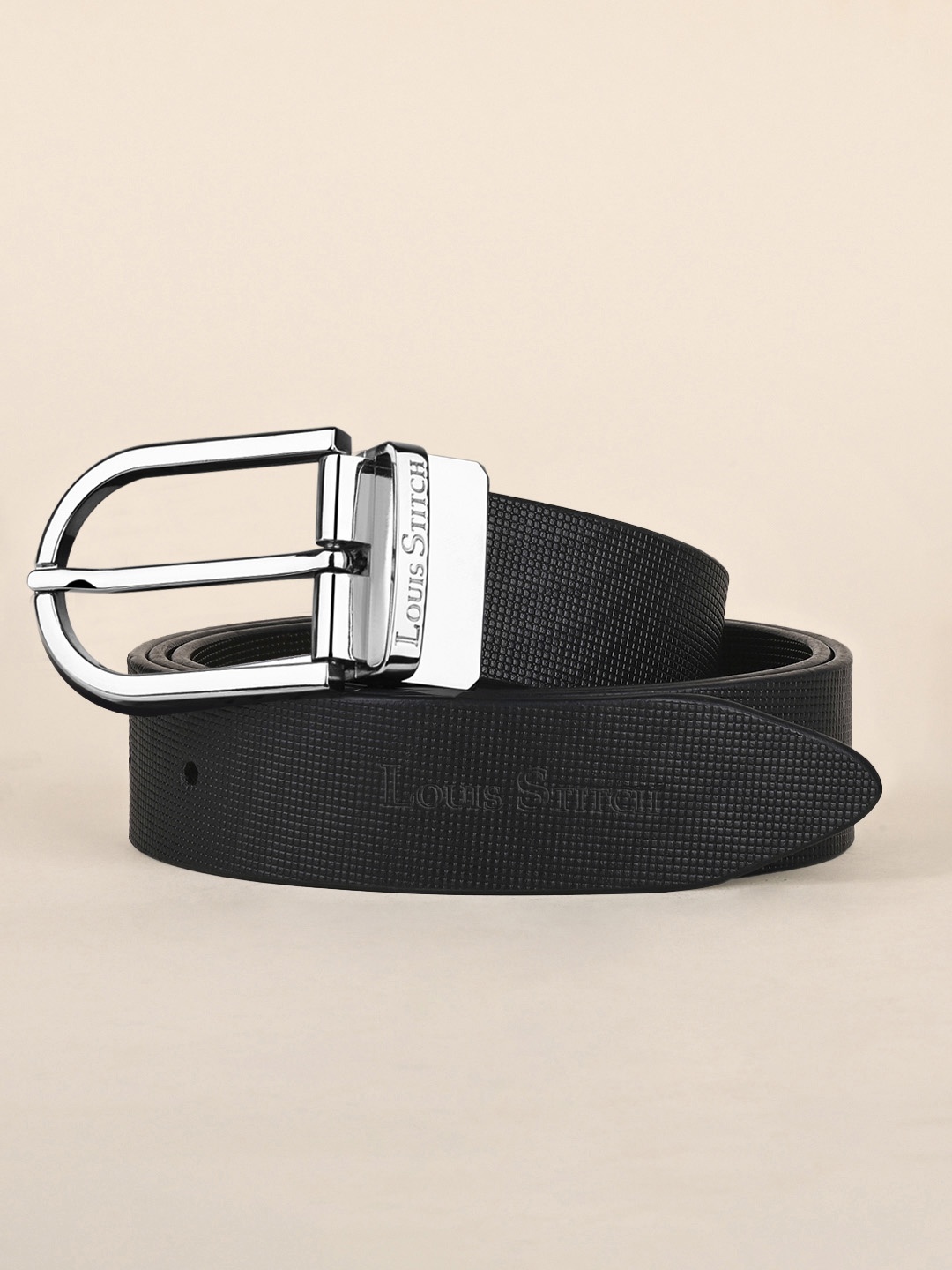 

LOUIS STITCH Men Italian Leather Textured Reversible Belt, Black