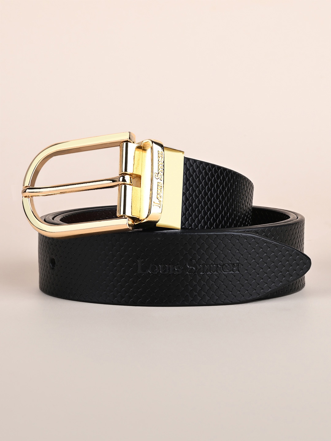 

LOUIS STITCH Men Italian Leather Textured Reversible Belt, Black