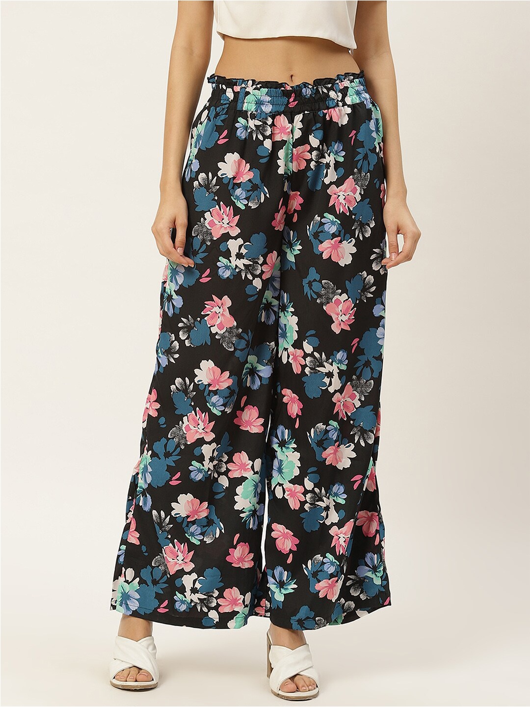 

DODO & MOA Women Black & Pink Floral Printed Palazzos