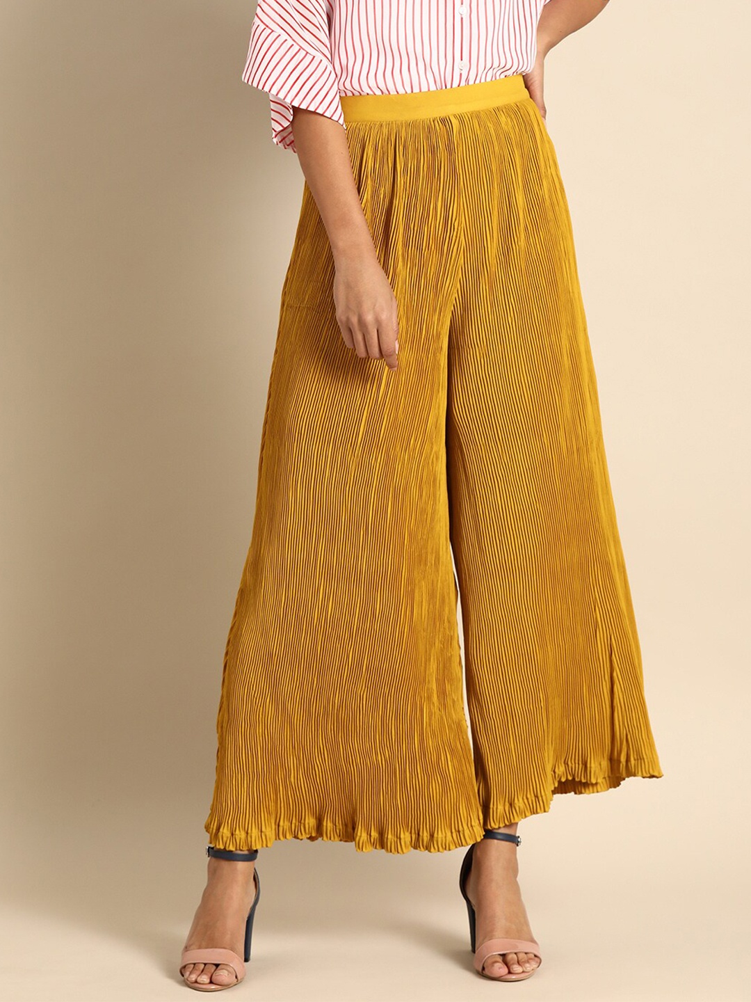 

DODO & MOA Women Mustard Yellow Striped Cropped Palazzos