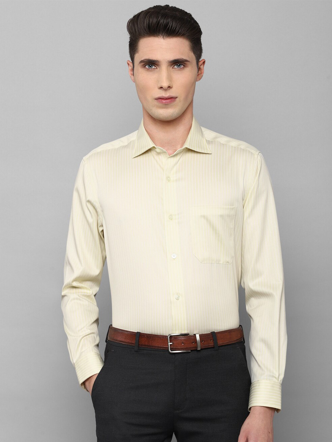 

Louis Philippe Permapress Men Yellow Slim Fit Striped Pure Cotton Wrinkle Free Formal Shirt