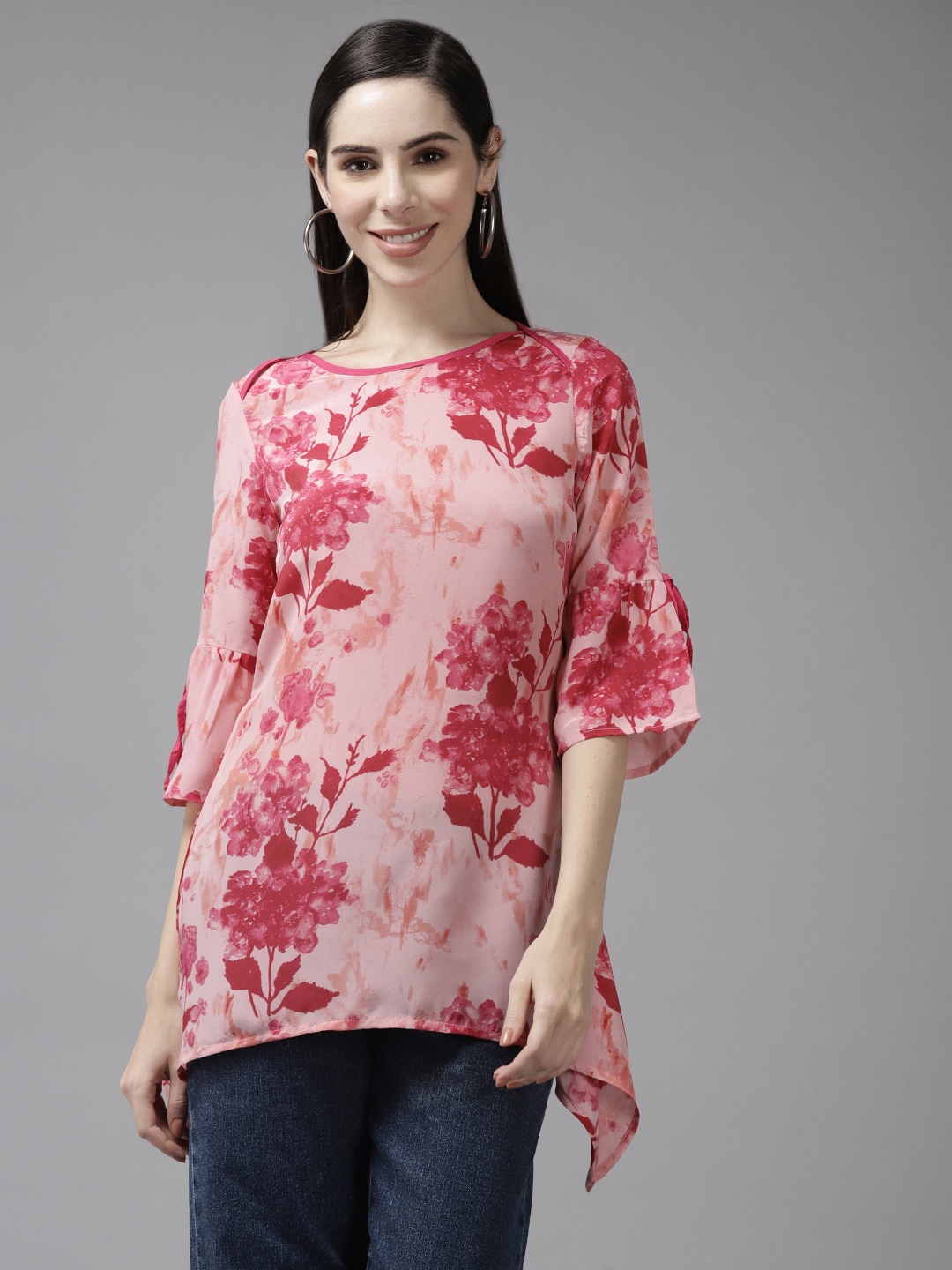 

Aarika Pink Floral Printed Longline Top