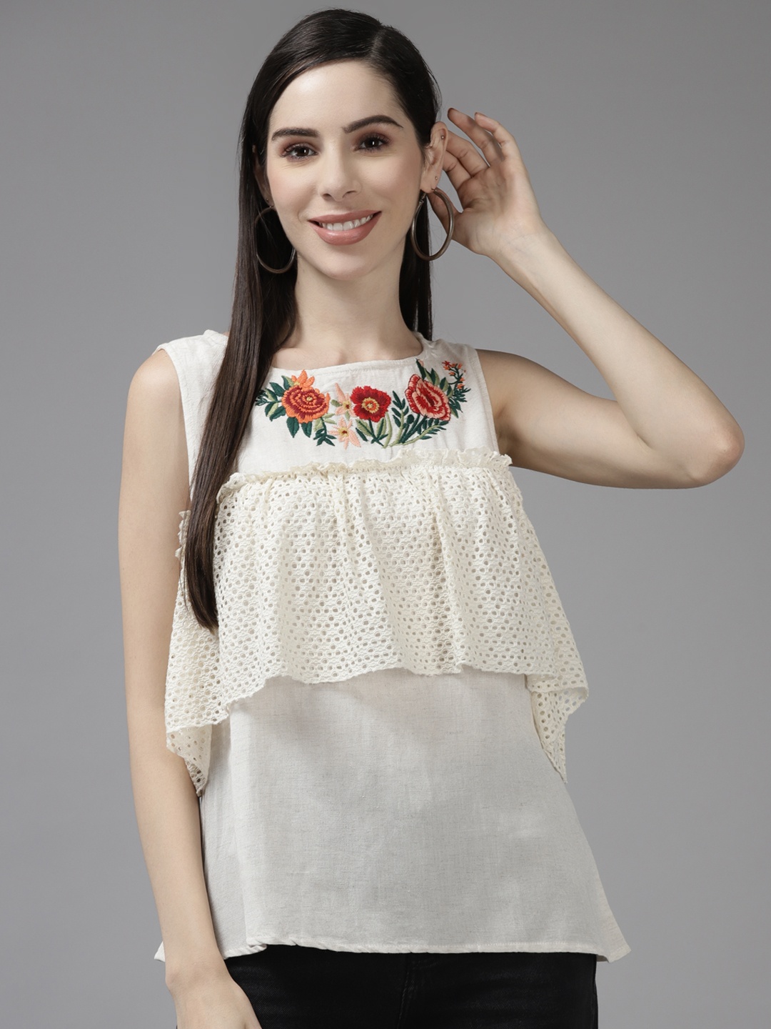 

Aarika Cream-Coloured Floral Printed Layered Top