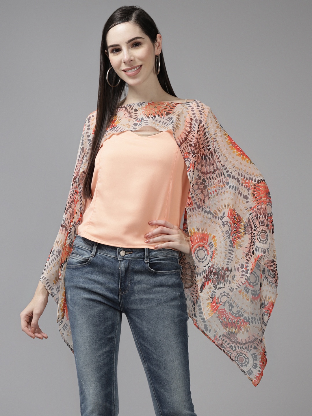 

Aarika Women Peach-Coloured Printed Cape Top