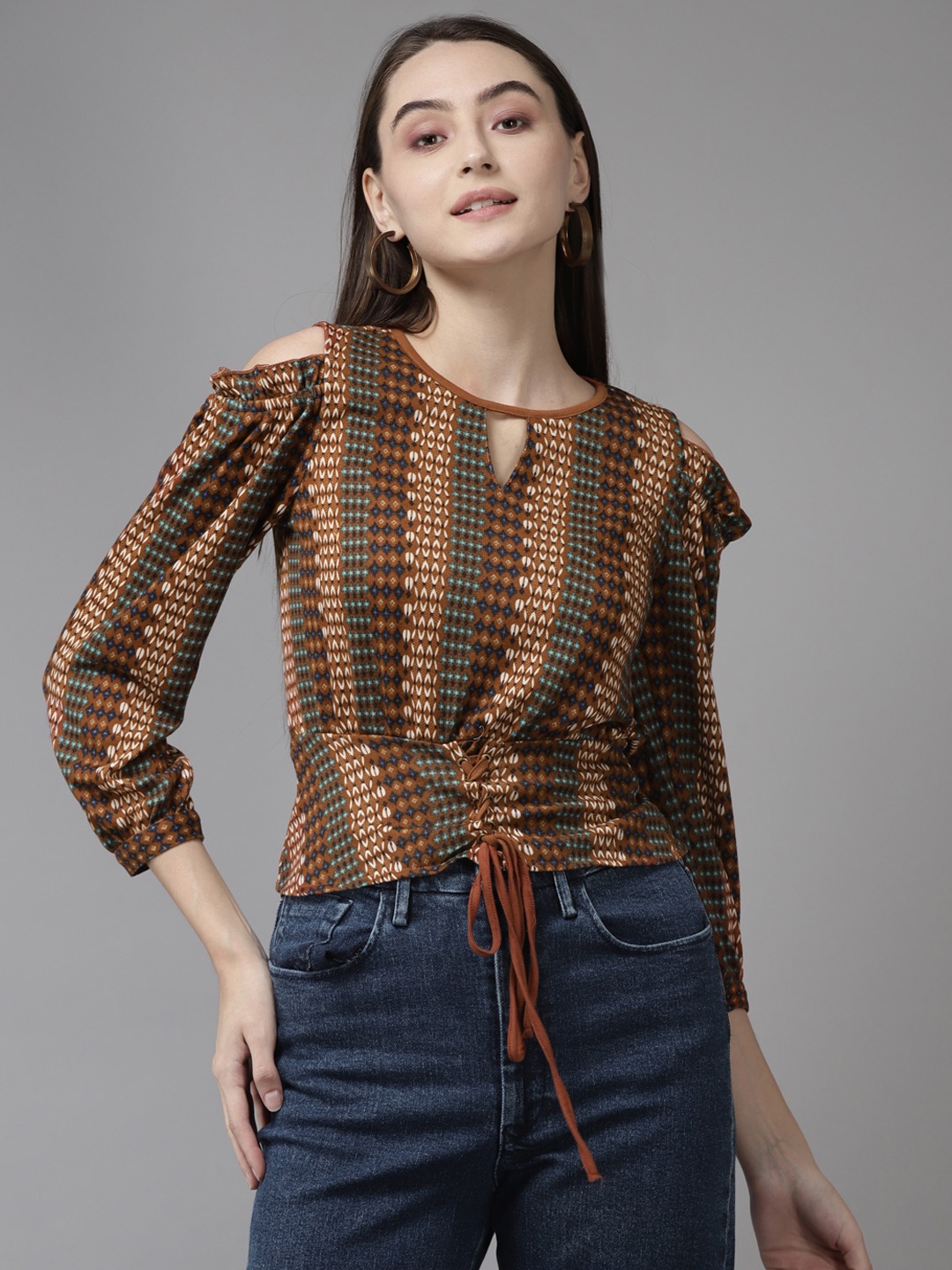 

Aarika Women Brown Geometric Printed Keyhole Neck Top