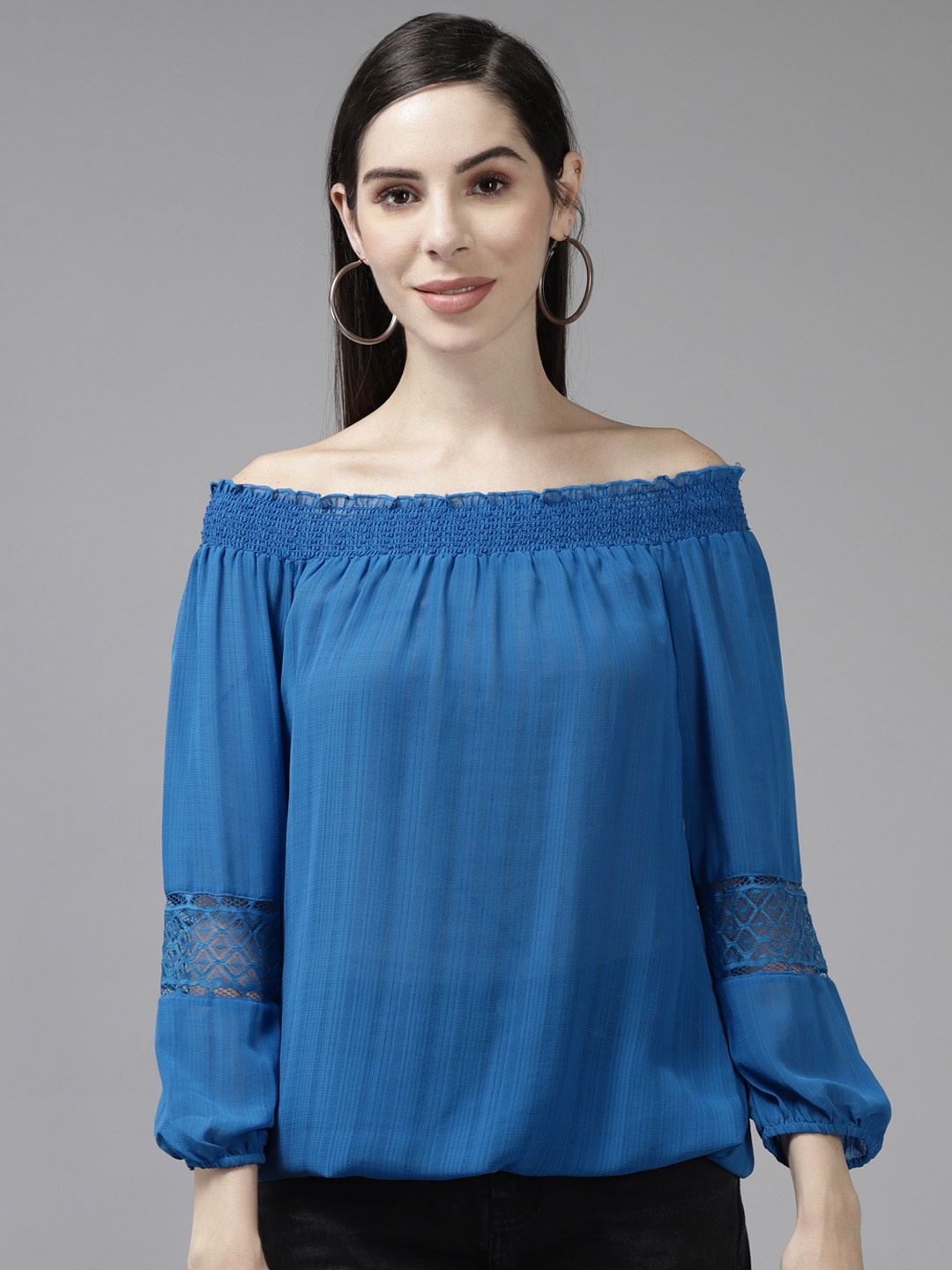 

Aarika Women Blue Off-Shoulder Blouson Top