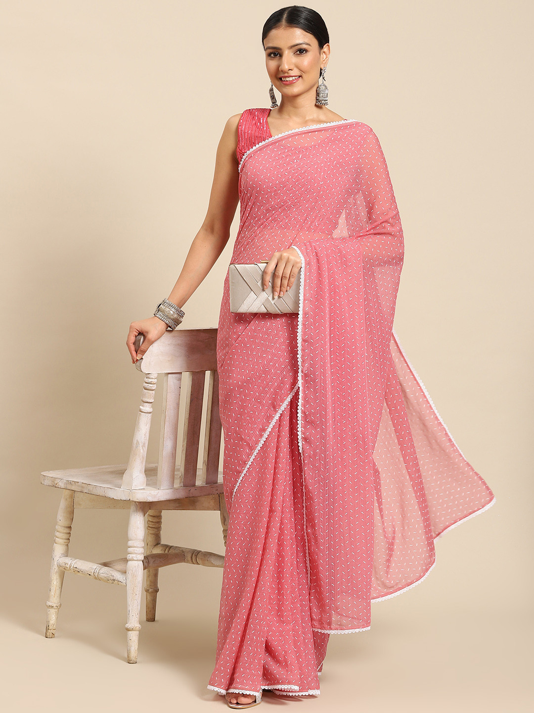 

Nimayaa Women Pink & White Printed Saree