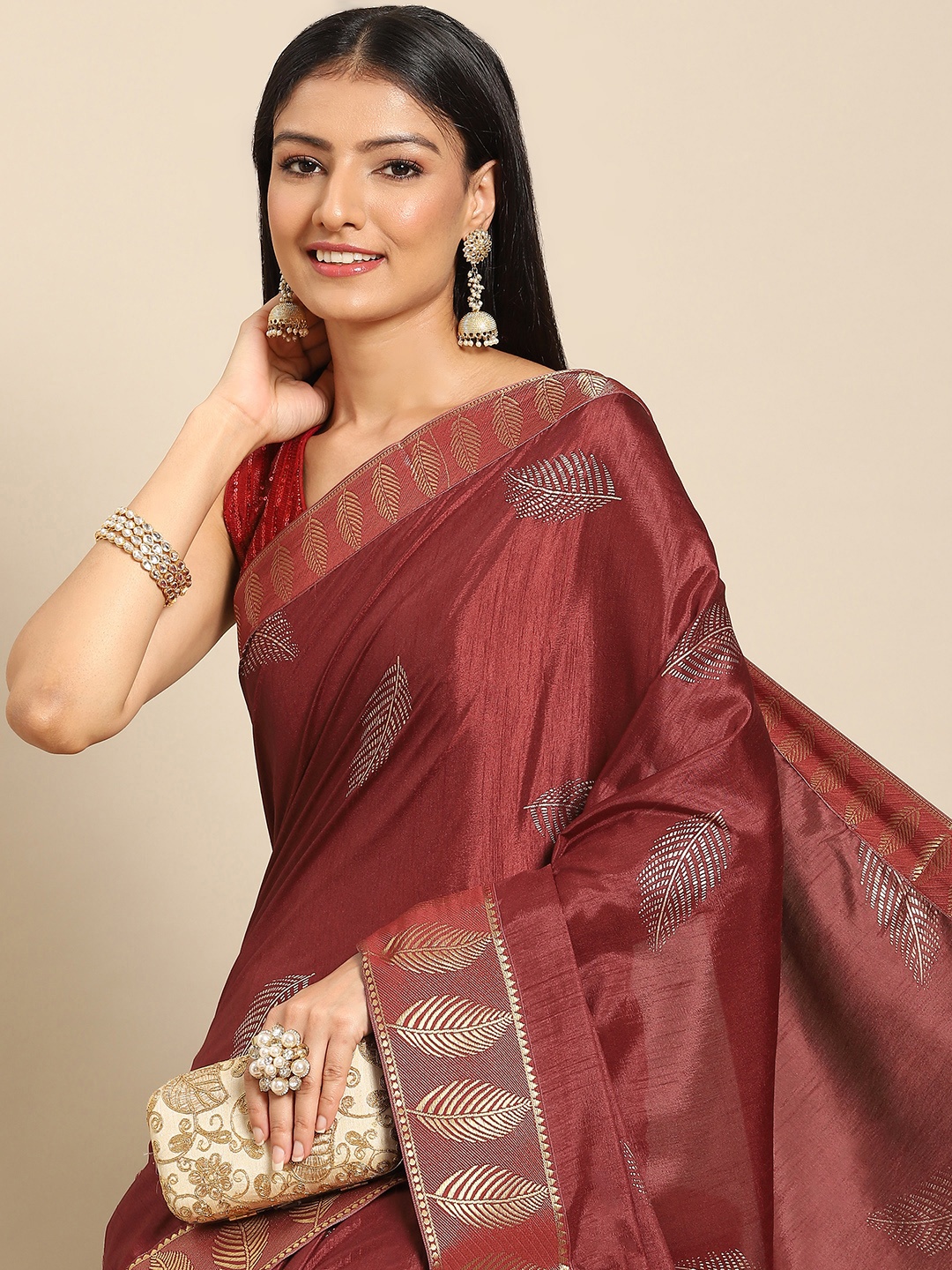 

Nimayaa Maroon & Silver Floral Woven Design Saree