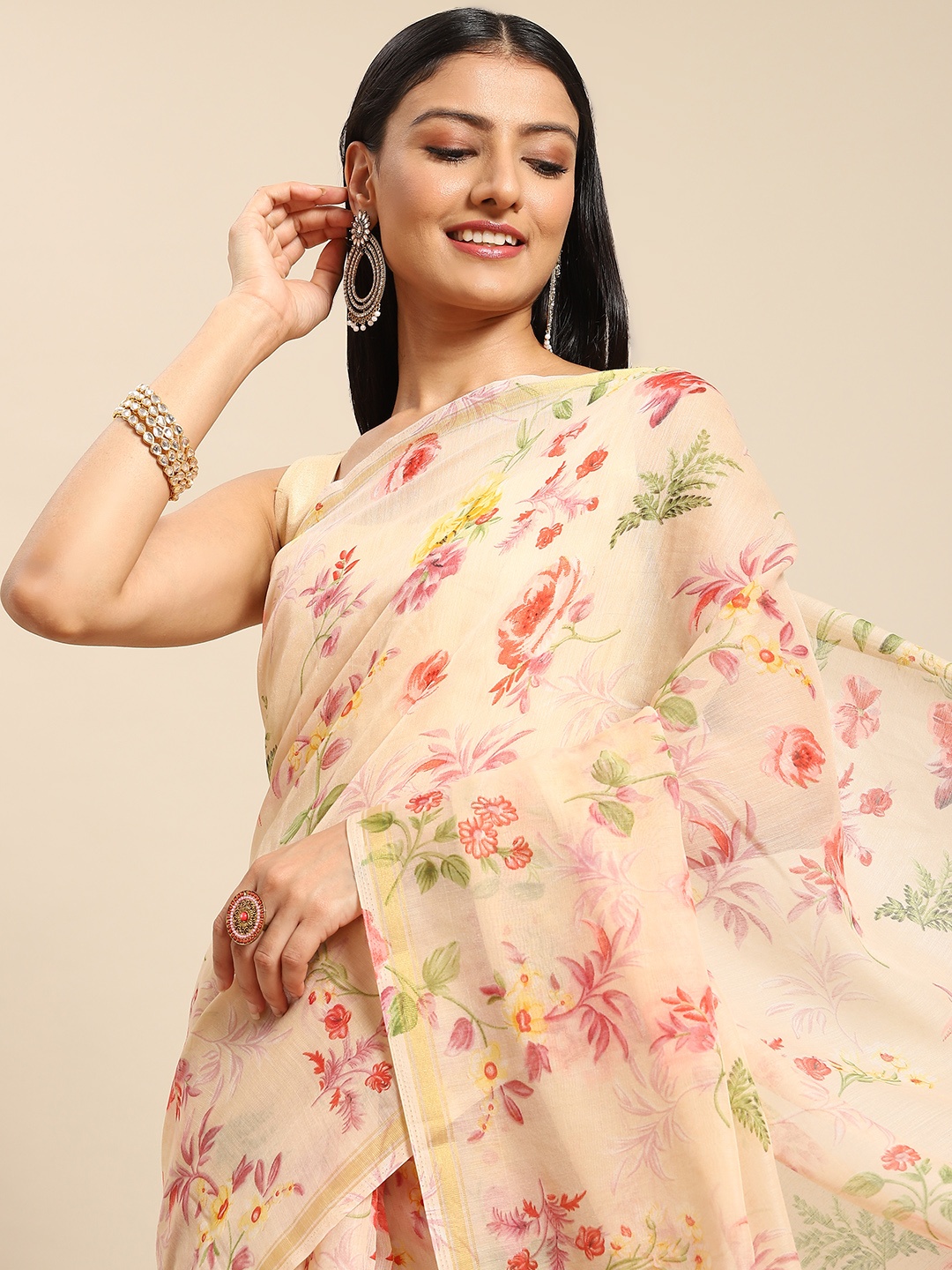 

Nimayaa Cream-Coloured & Pink Floral Pure Cotton Saree