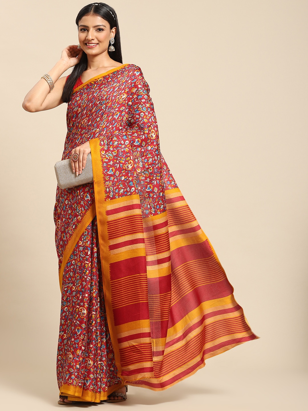 

Nimayaa Women Red & Mustard Ethnic Motifs Saree
