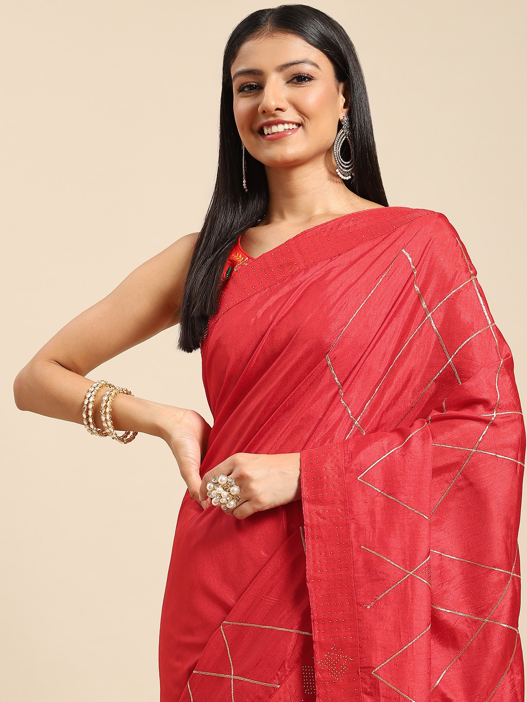 

Nimayaa Women Red Gotta Patti Striped Saree