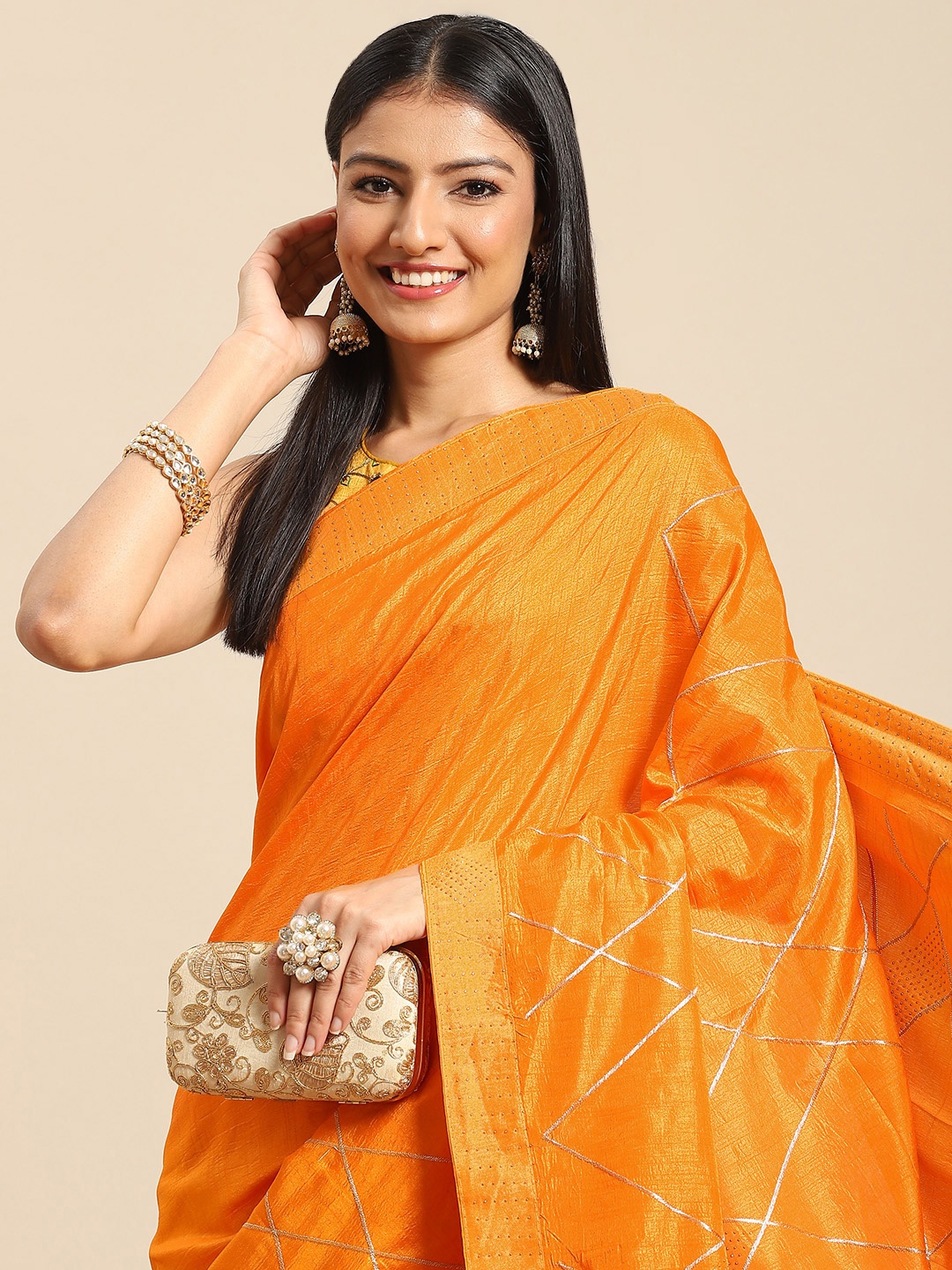 

Nimayaa Women Orange Solid Gotta Patti Saree