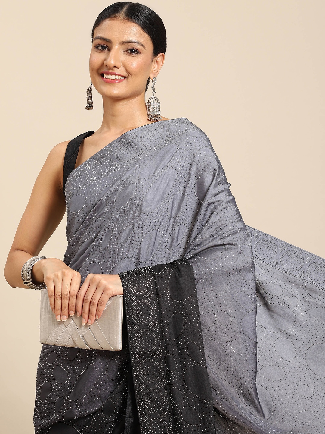 

Nimayaa Grey & Black Beads and Stones Satin Saree