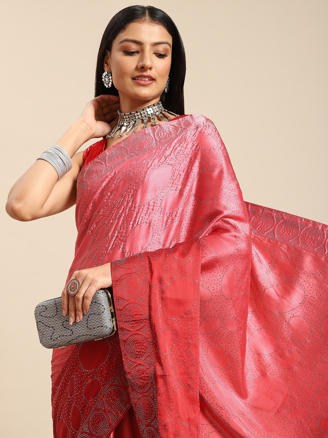 

Nimayaa Pink & Red Beads and Stones Satin Saree