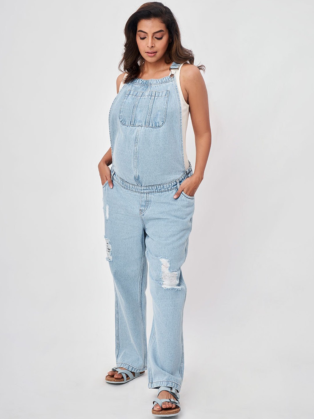 

Ed-a-Mamma Women Blue Solid Denim Dungaree With Tee