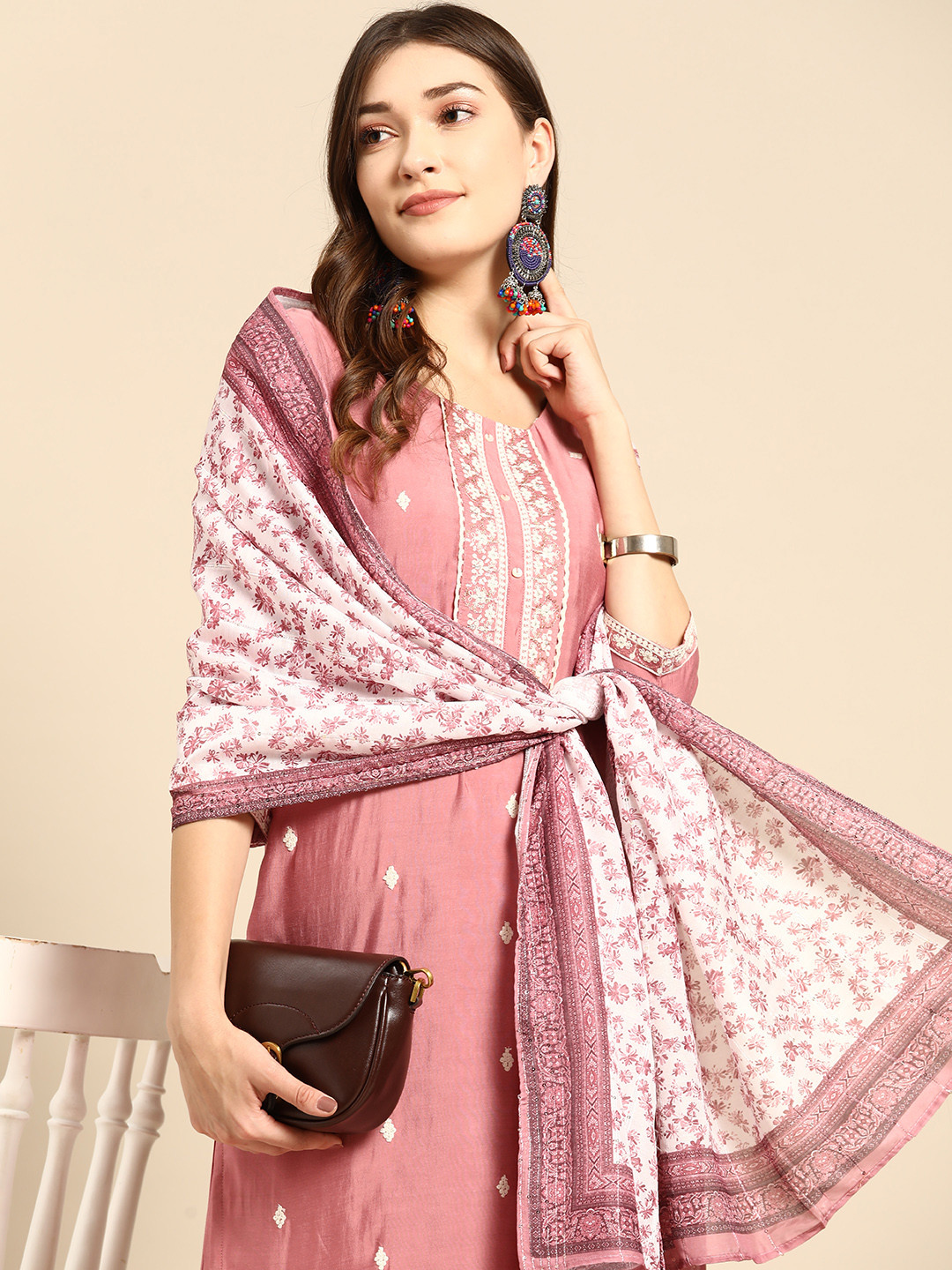 

Sangria Women Embroidered Sequinned Kurta with Trousers & With Dupatta, Pink
