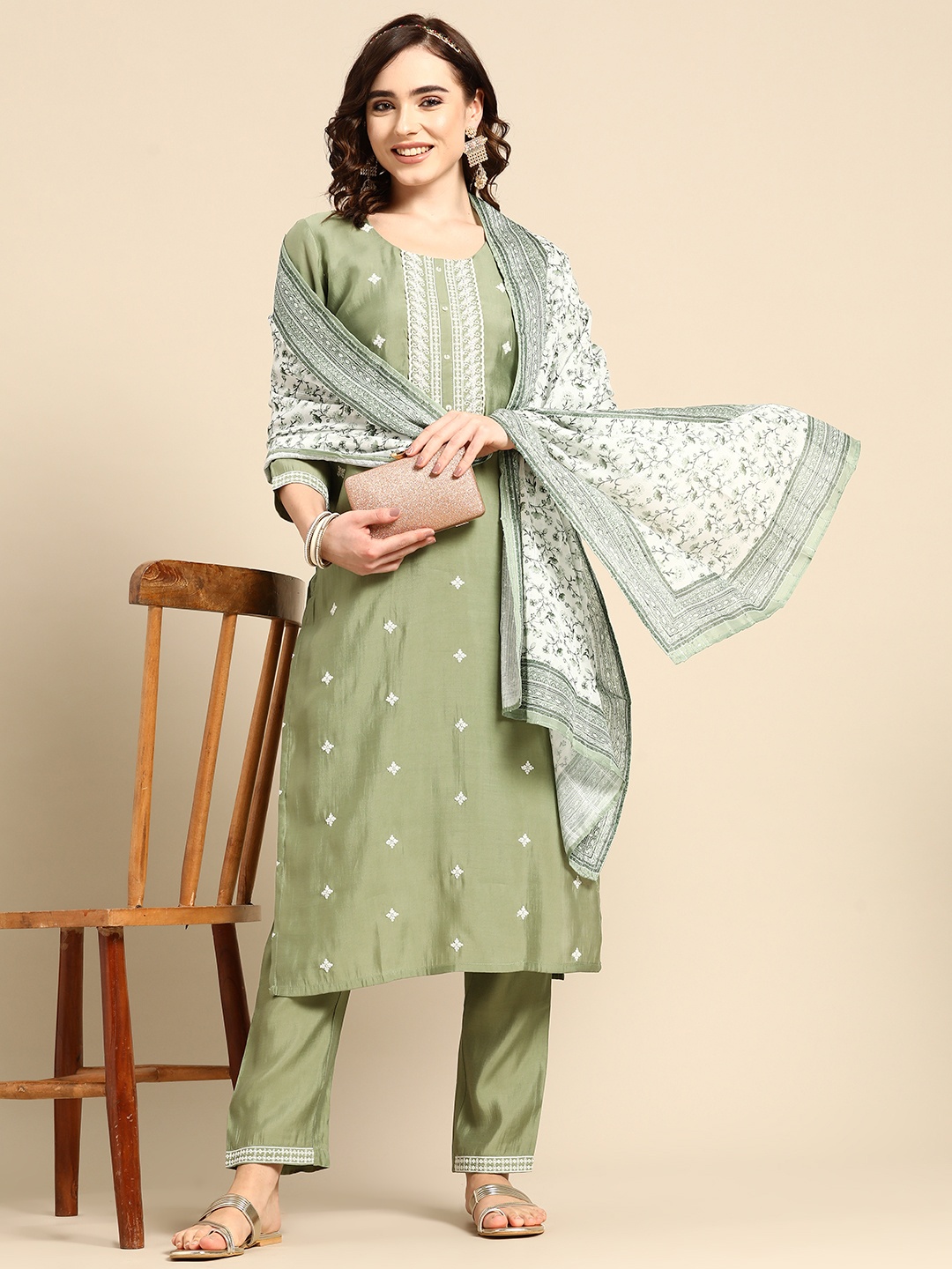 

Sangria Women Embroidered Sequinned Kurta with Trousers & With Dupatta, Green
