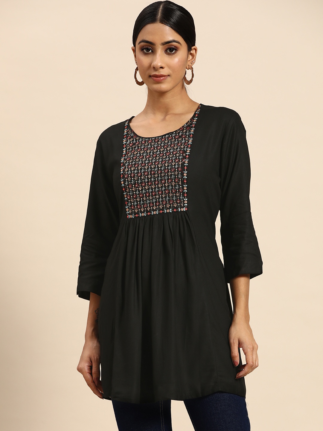 

all about you Black Embroidered Longline Top