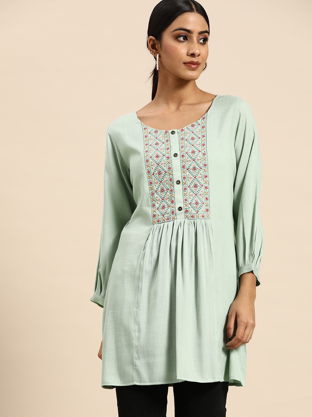 

all about you Sea Green Floral Embroidered Longline A-Line Top