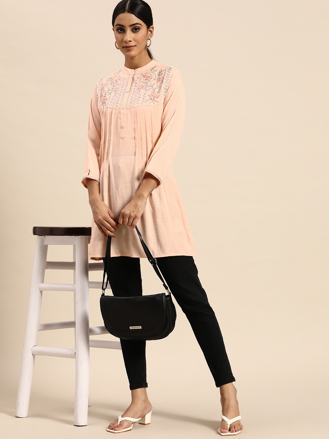 

all about you Peach-Coloured Floral Embroidered Mandarin Collar Longline A-Line Top