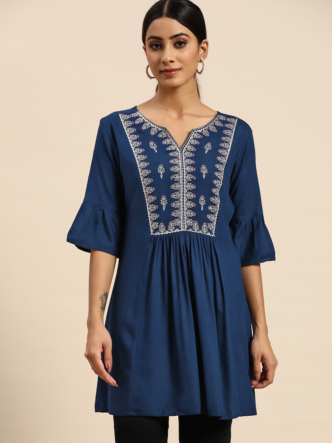 

all about you Navy Blue Embroidered Longline A-Line Top