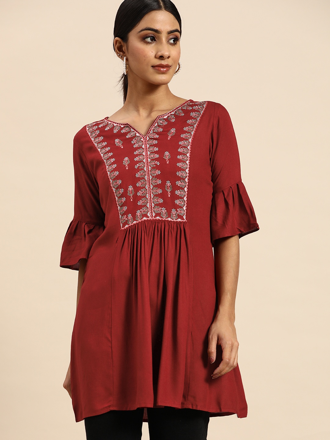 

all about you Red Embroidered Longline A-Line Top