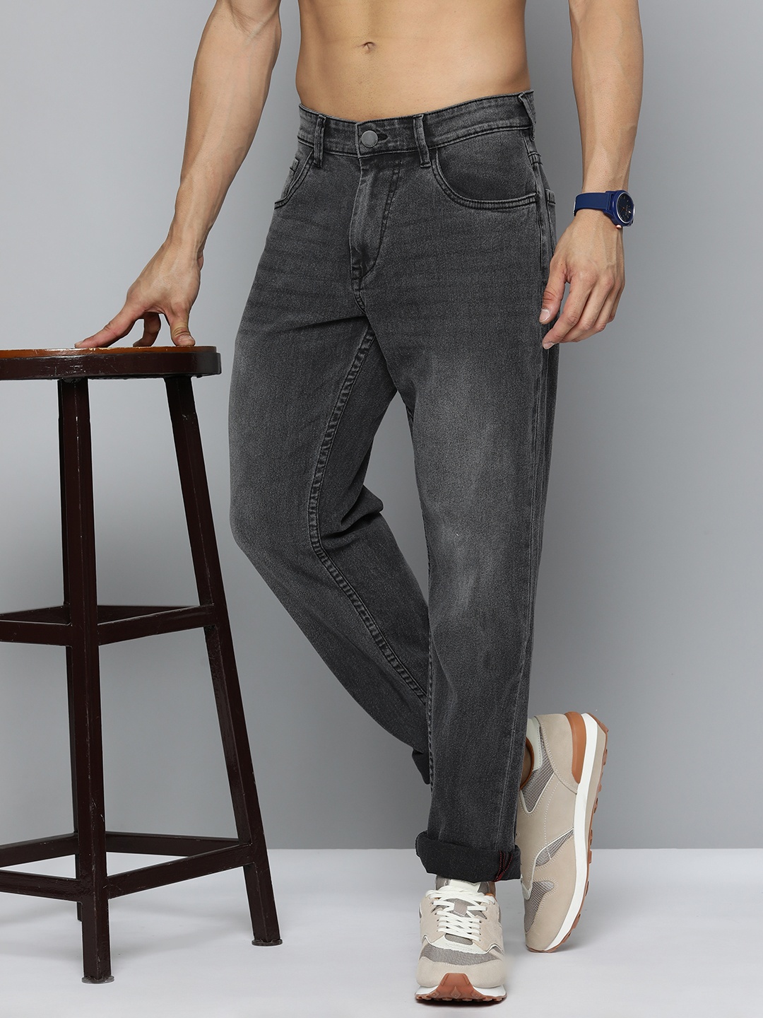 

HERE&NOW Men Slim Fit Faded Jeans, Charcoal