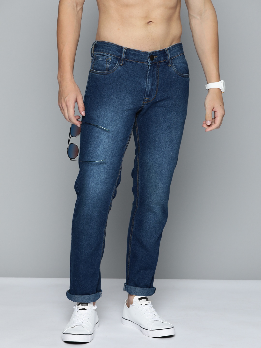 

HERE&NOW Men Slim Fit Light Fade Stretchable Jeans, Navy blue