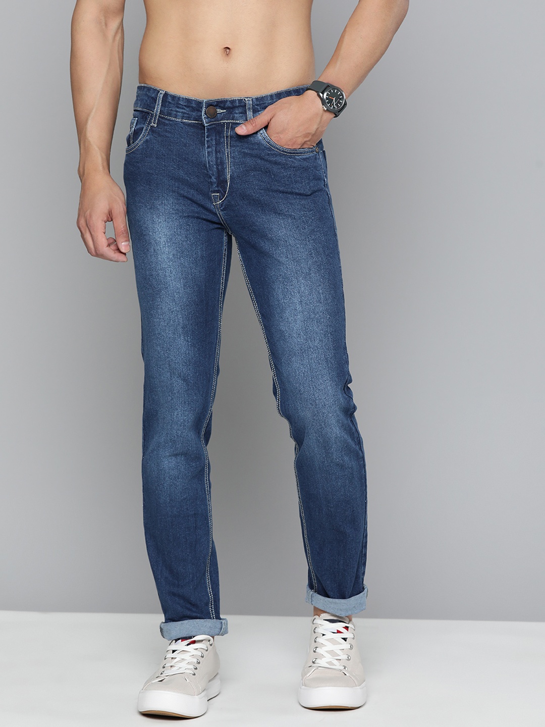 

HERE&NOW Men Slim Fit Light Fade Stretchable Jeans, Navy blue