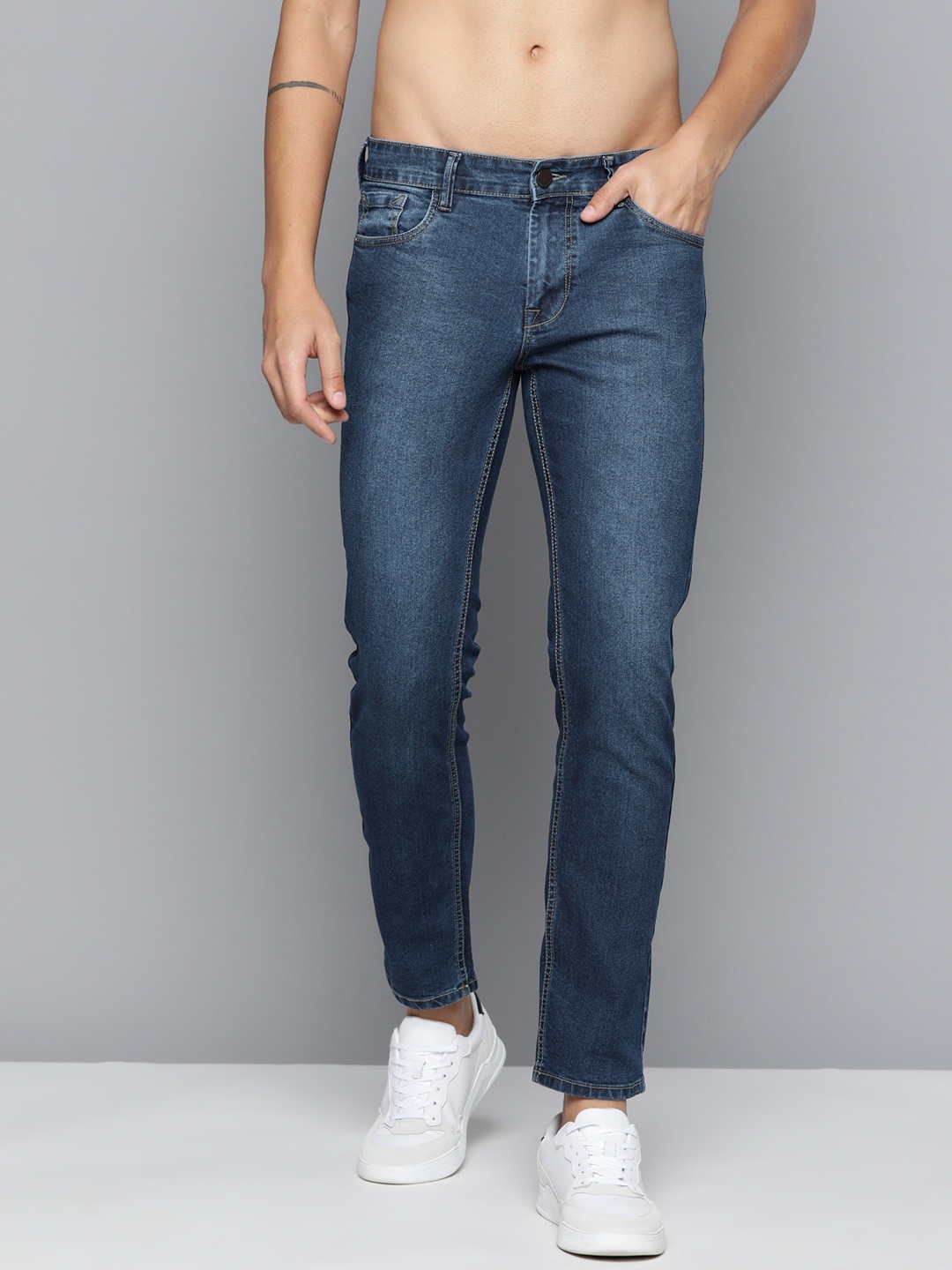 

HERE&NOW Men Slim Fit Light Fade Stretchable Jeans, Navy blue