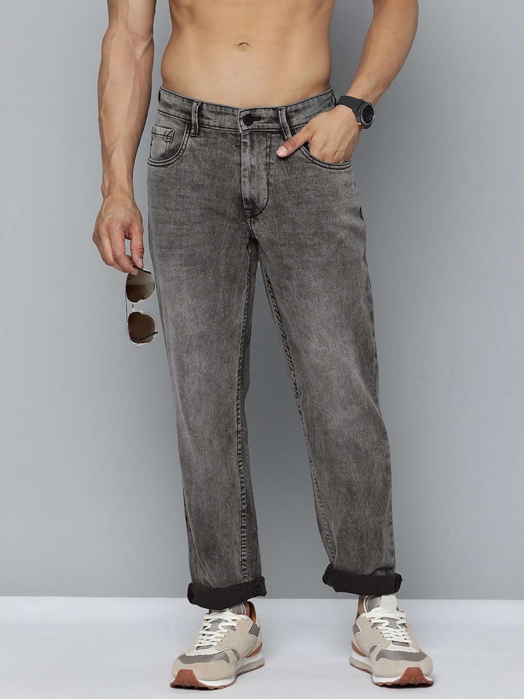 

HERE&NOW Men Slim Fit Faded Jeans, Charcoal