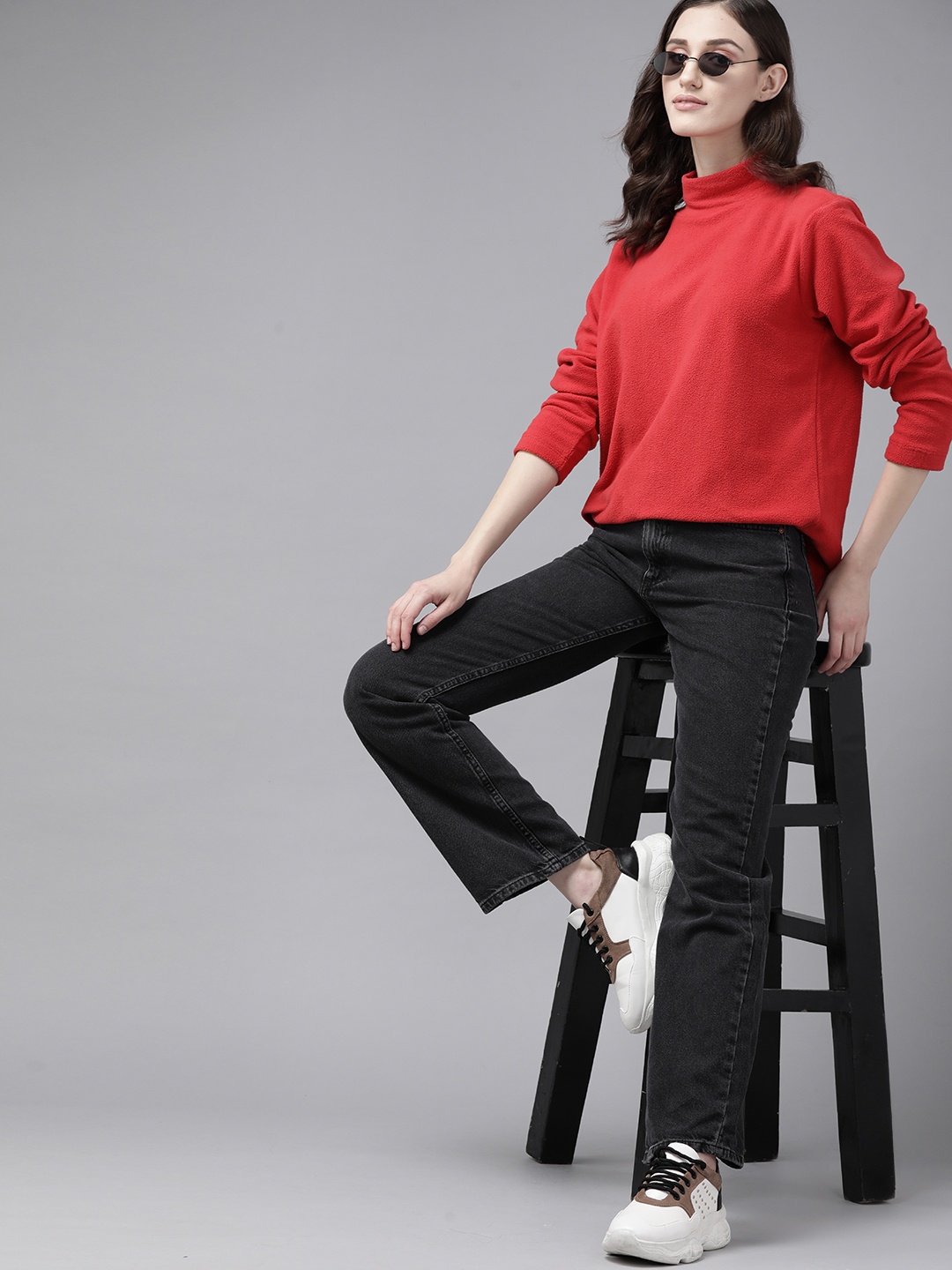

Roadster Women Red High Neck Casual Sweatshirt