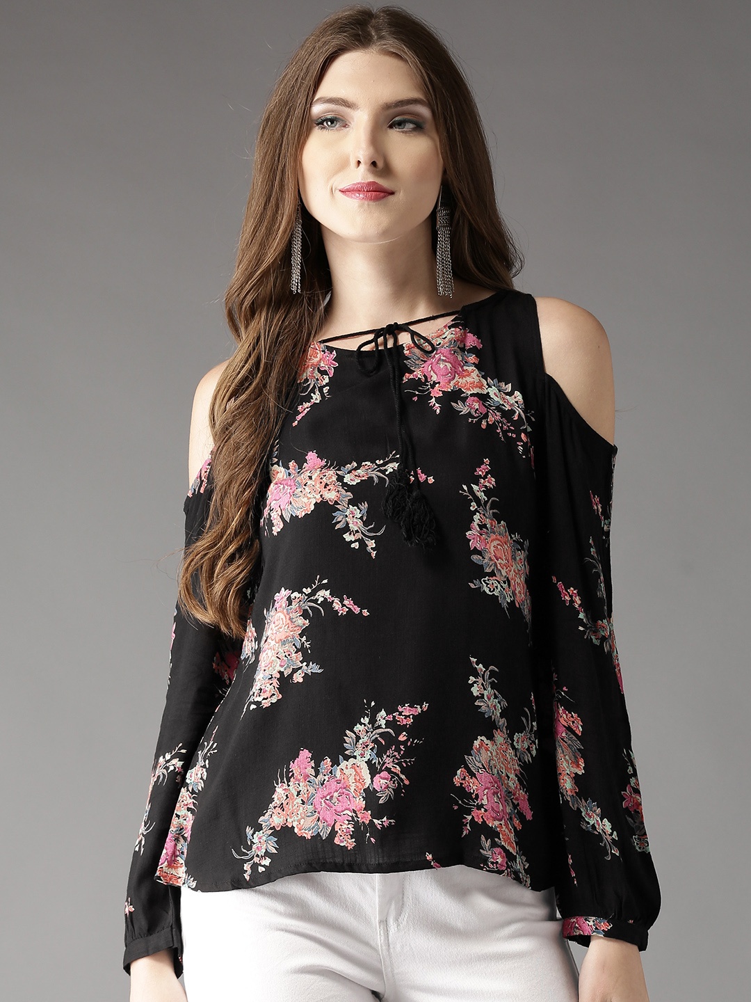 

HERE&NOW Women Black Lightweight Floral Print Cold Shoulder Top