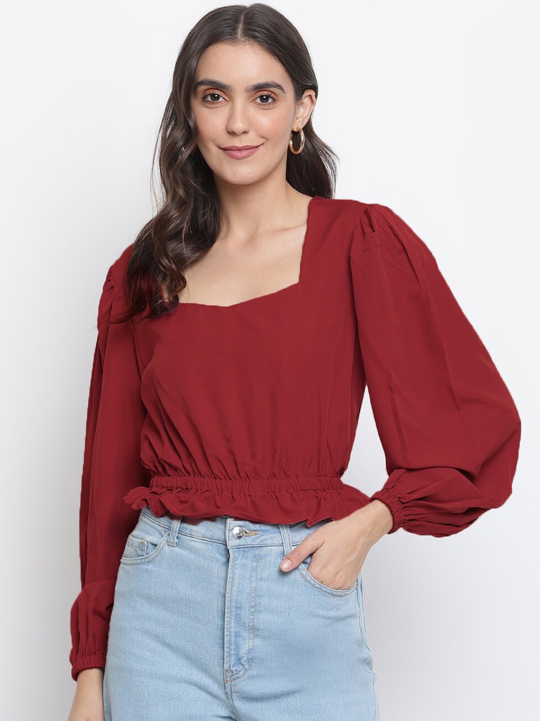 

Lagashi Women Maroon Blouson Square Neck Long Sleeves Crop Top