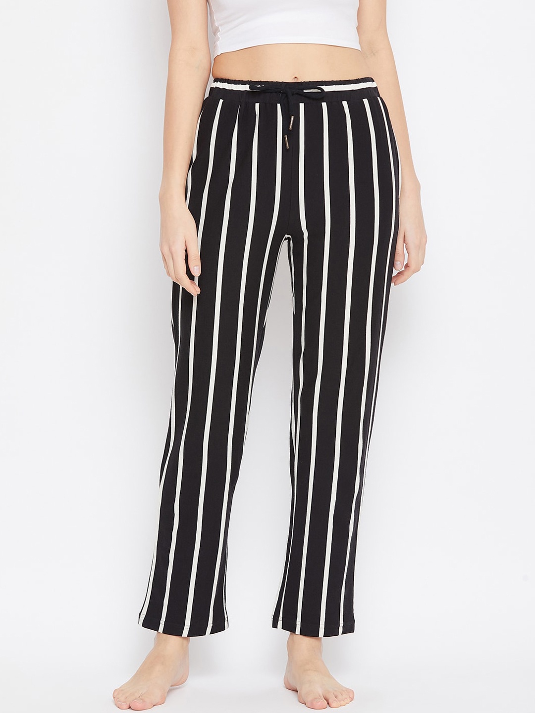 

Hypernation Women Black & Off White Striped Cotton Lounge Pants