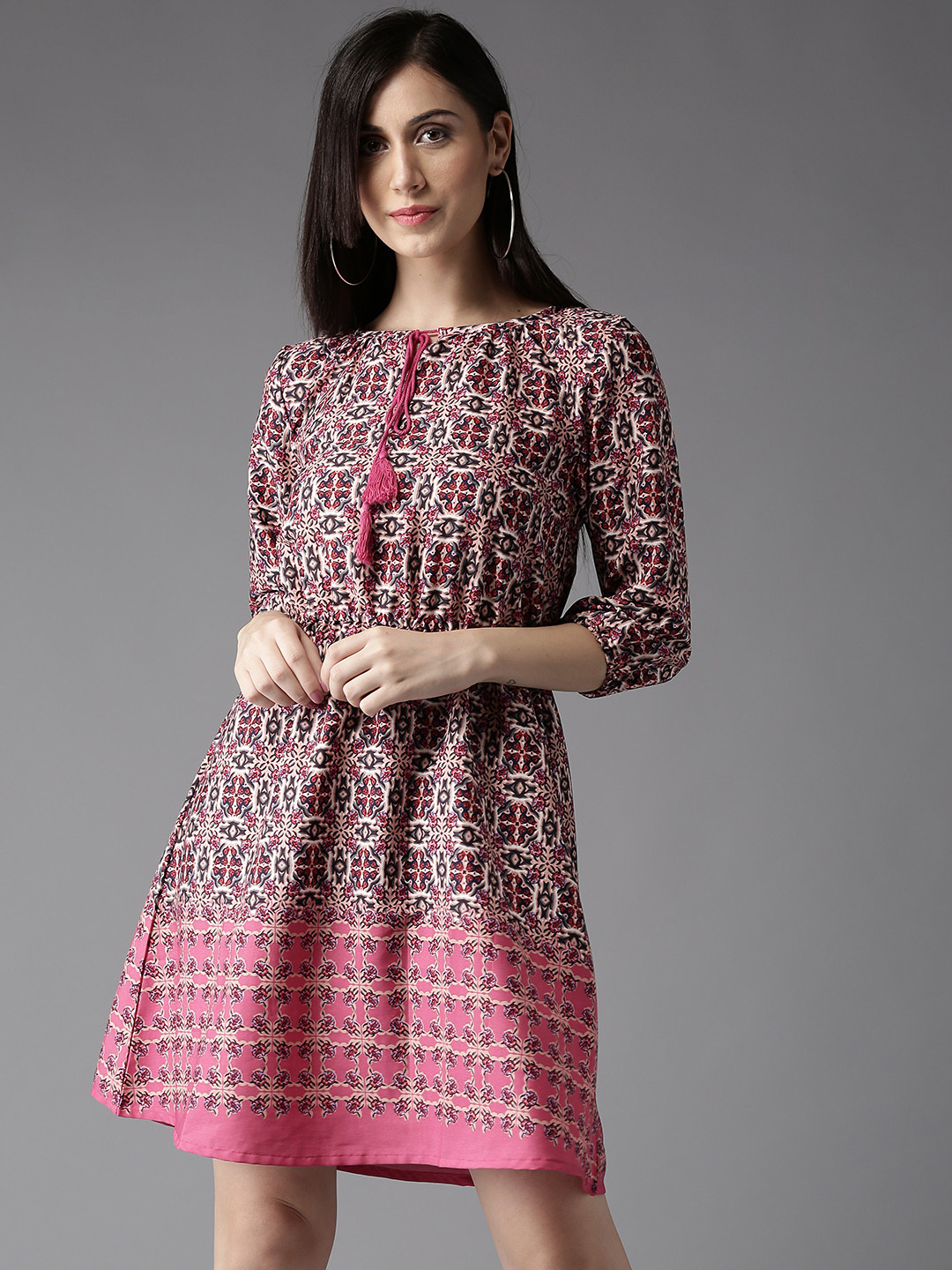 

HERE&NOW Women Pink Ethnic Print Fit and Flare Dress