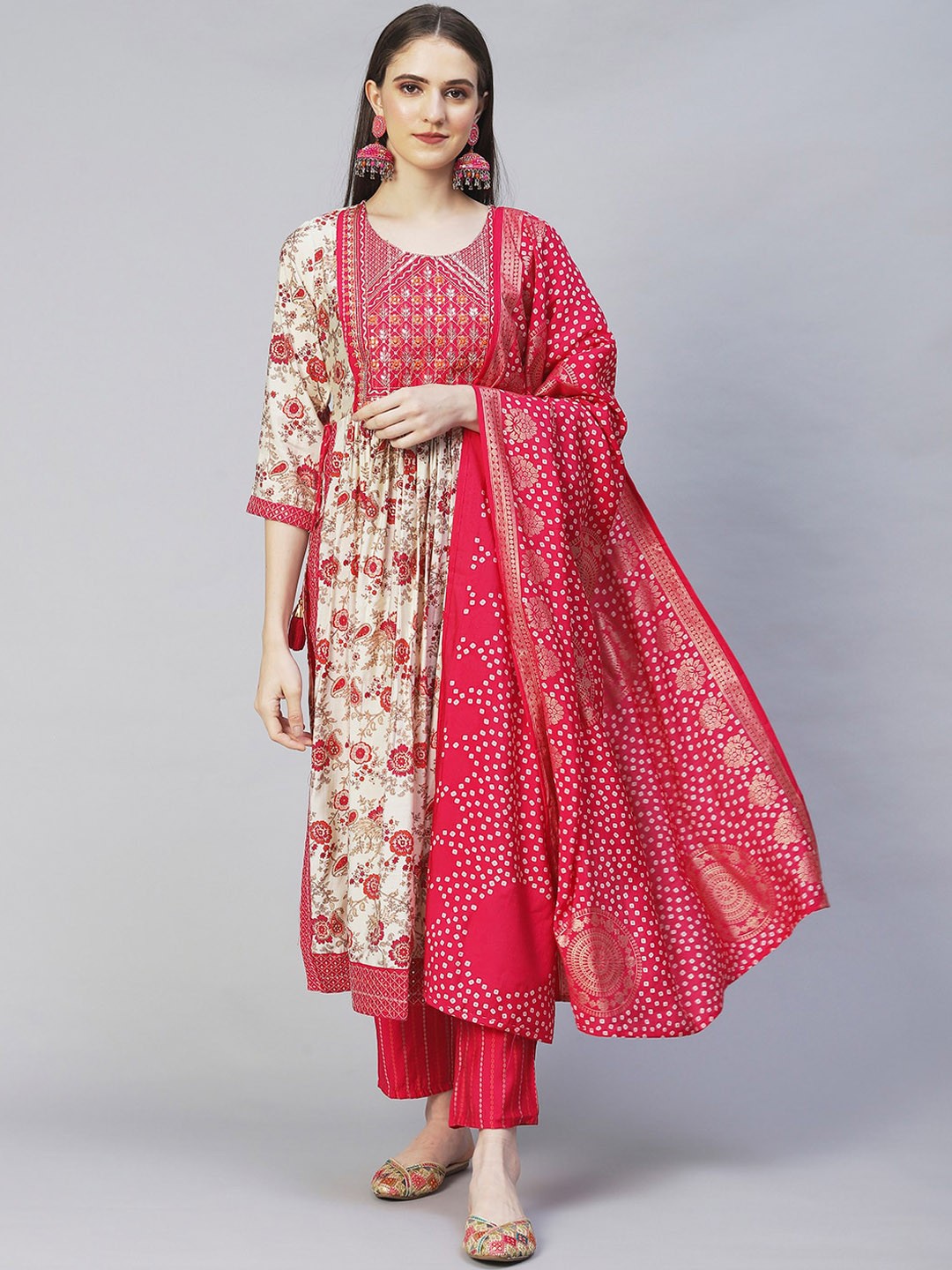 

FASHOR Women Cream-Coloured Floral Printed Pleated Kurta with Trousers & With Dupatta