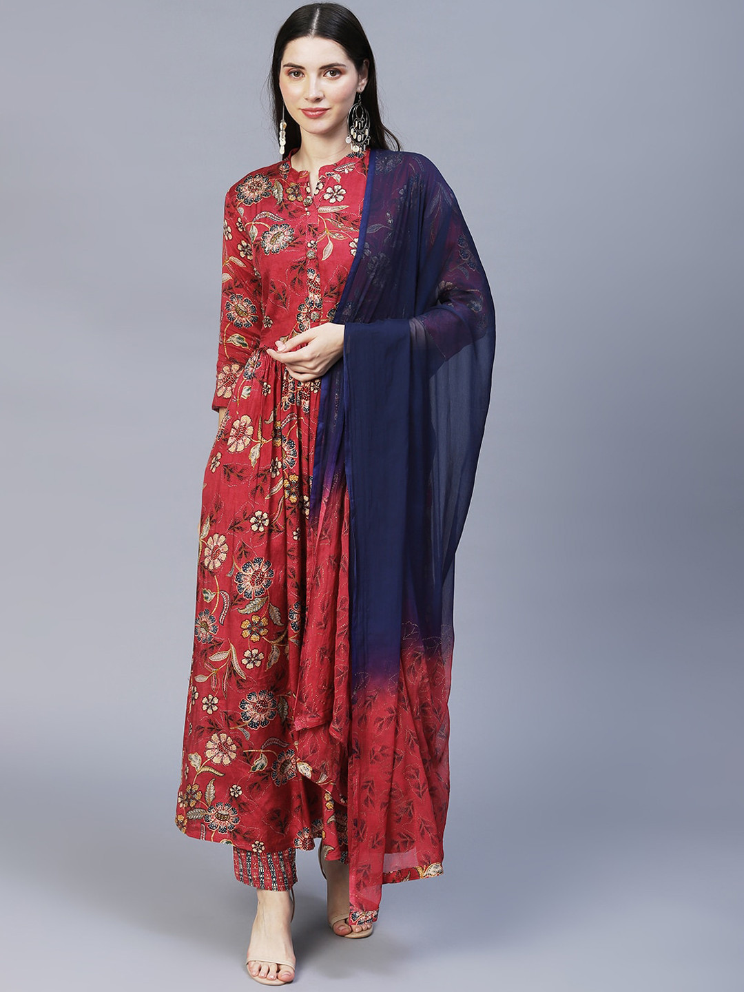 

FASHOR Women Pink Floral Printed Pleated Beads and Stones Kurta with Trousers & With Dupatta
