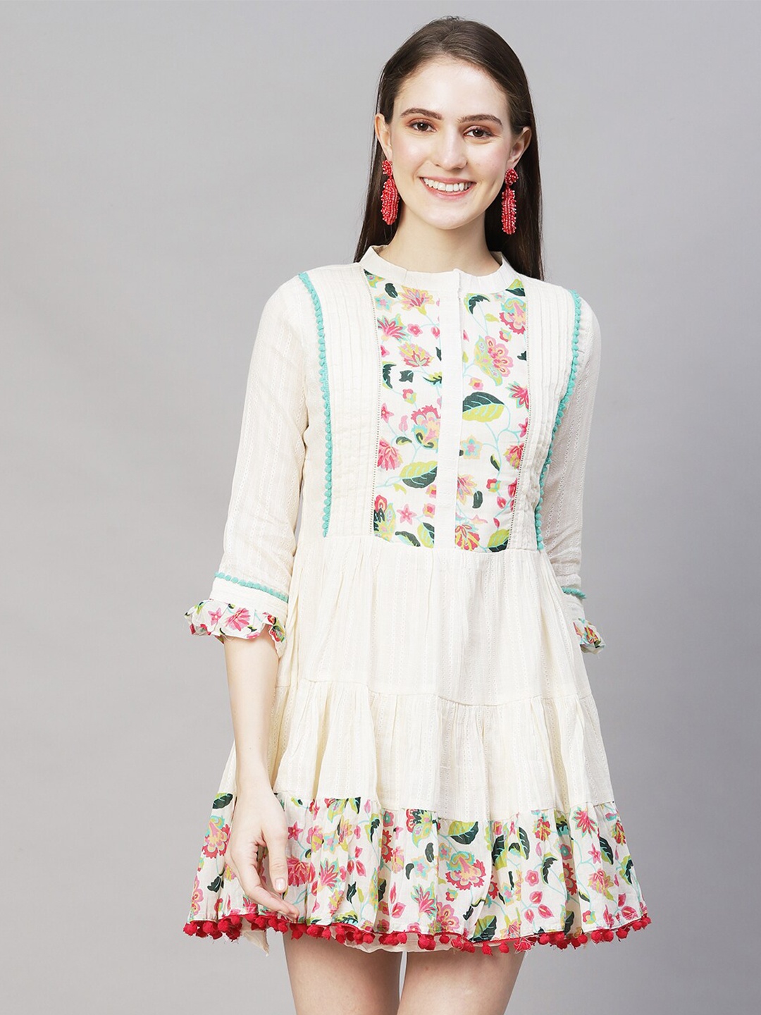 

FASHOR Women Off White & Red Floral A-Line Dress