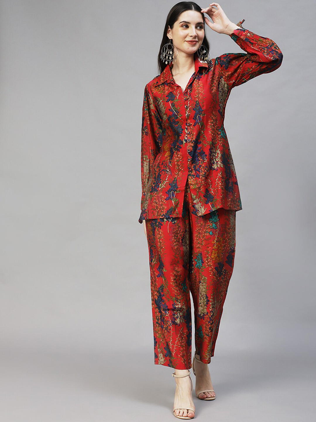 

FASHOR Women Red Floral Printed Co-Ords