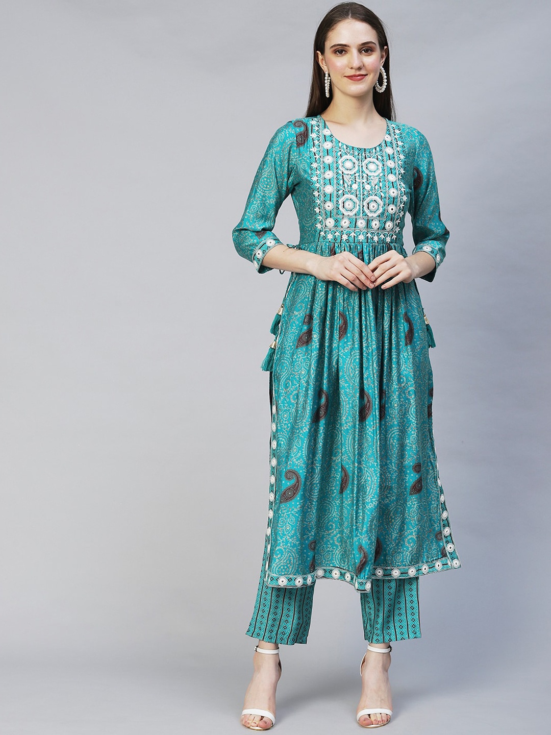 

FASHOR Women Turquoise Blue Ethnic Motifs Printed Pleated Mirror Work Kurta with Trousers