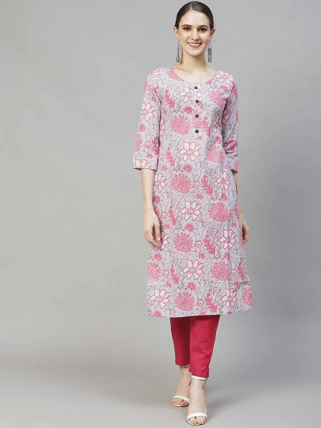 

FASHOR Women Blue & Pink Floral Printed Kurta