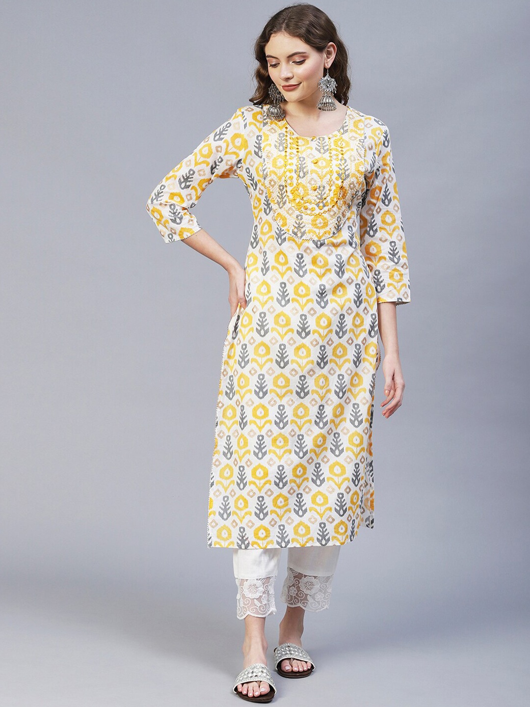 

FASHOR Women Yellow & Blue Pure Cotton Ethnic Motifs Printed Kurta